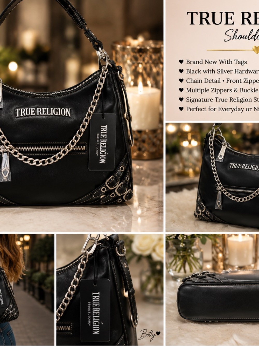 True Religion Black Shoulder Bag with Silver Chain Accent